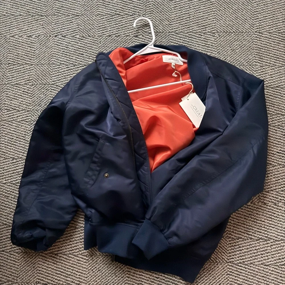 THE GREAT. Navy Bomber Jacket with Orange Lining NWT - Picture 4 of 11